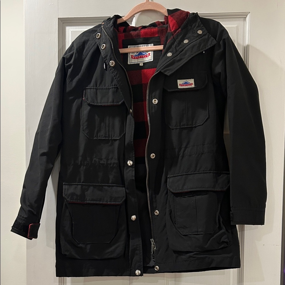 Madewell x Penfield Black Hooded Rain Coat with Red Plaid Lining sz small
